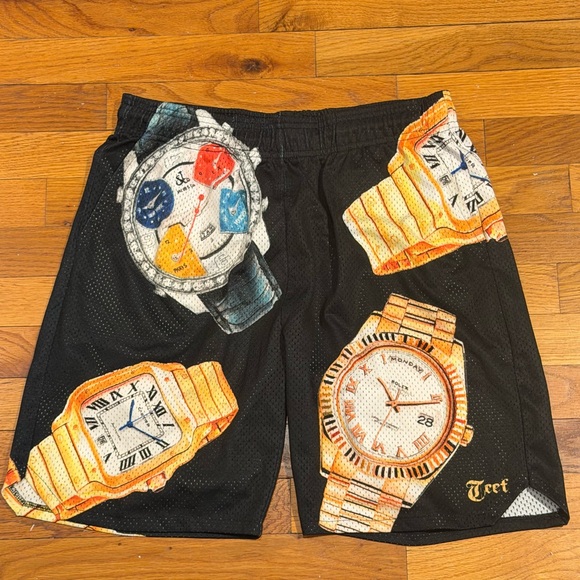 Black Shorts with Watch Print - Picture 1 of 3